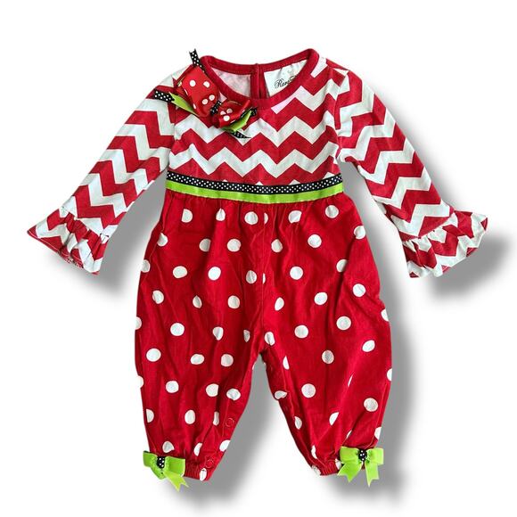 Rare Editions Red Chevron & Polka Dot Ruffle Baby Romper 12–18M Holiday Outfit - Picture 1 of 8